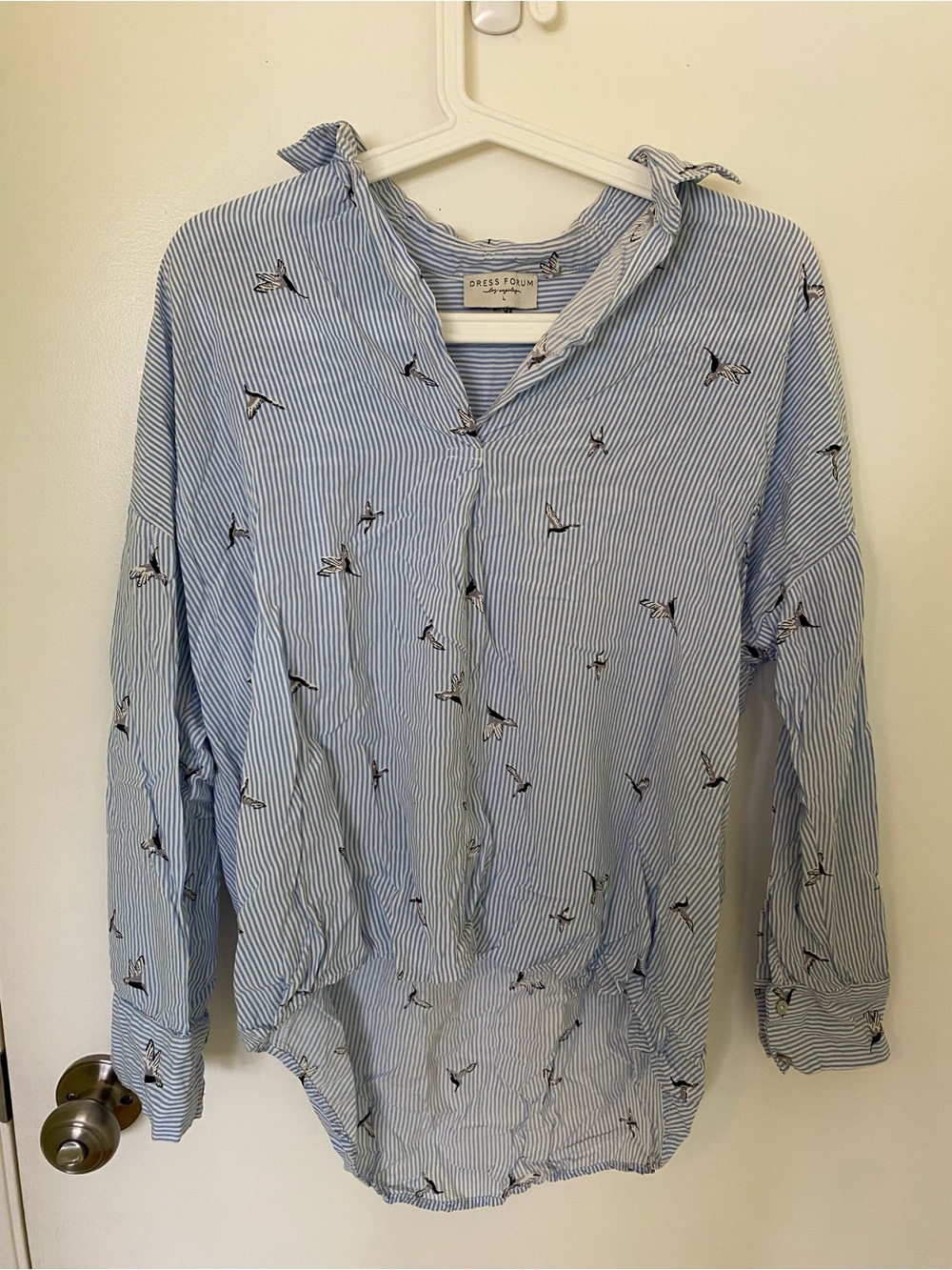 Dress Forum Women’s Blue Striped Button-Up Shirt with Bird Pattern
